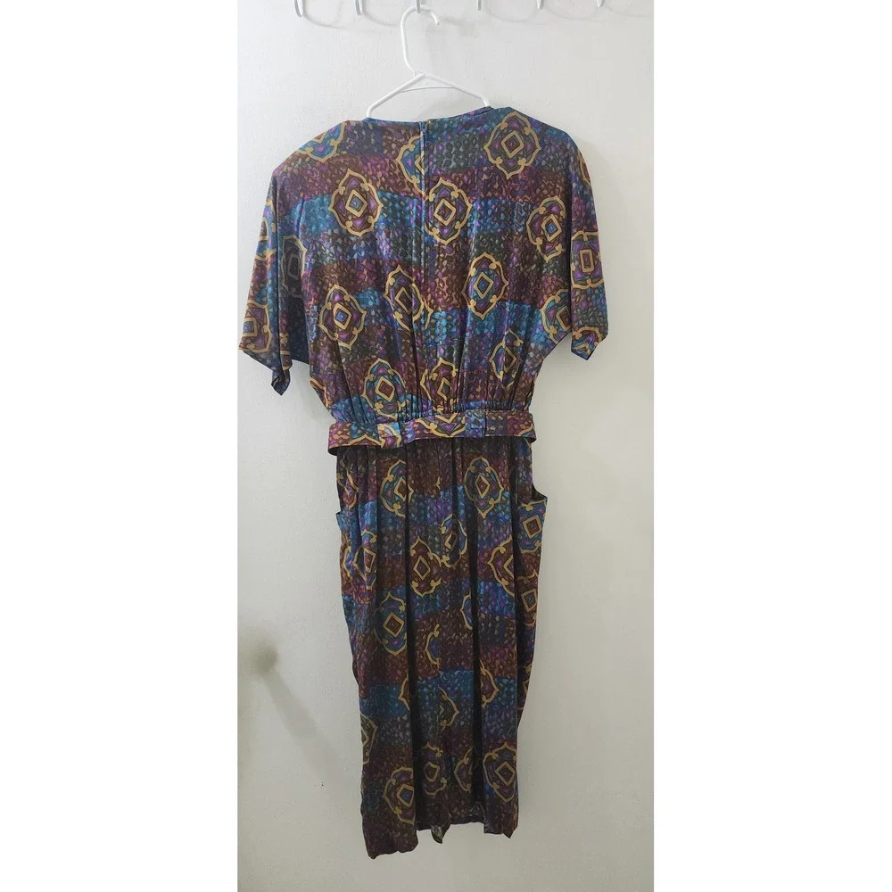 Worthington Essentials Vintage Midi Dress Geometric Print Belted Rayon Size 6